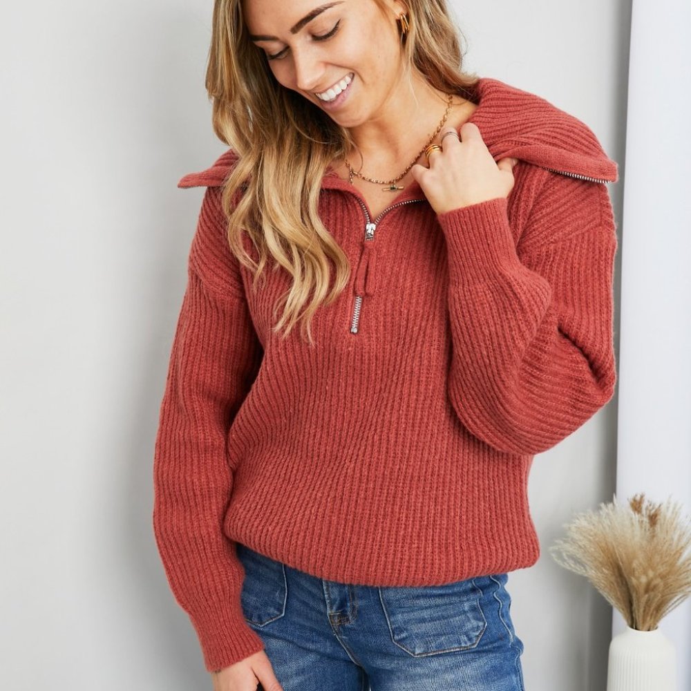 Very J Quarter-Zip Rib-Knit Collared Sweater
